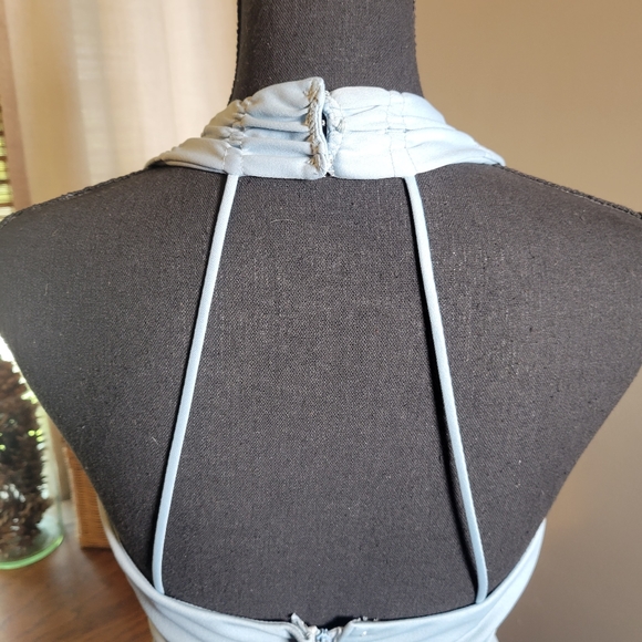 VINTAGE 70'S PALE BLUE RUFFLE HALTER CORSET WAIST MAXI DRESS - Picture 7 of 10